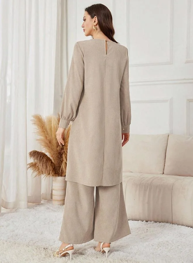 Take Two  Women Beige Longline Top and Wide Leg Pants Co-Ords for Women | Best Price UAE